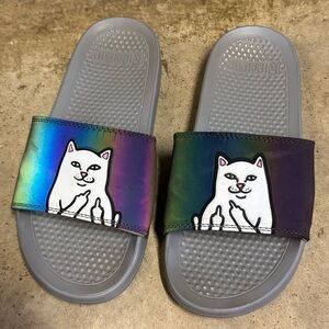 Ripndip Lord Nermal holographic middle finger Cat Slide Sandals Rainbow and Gray